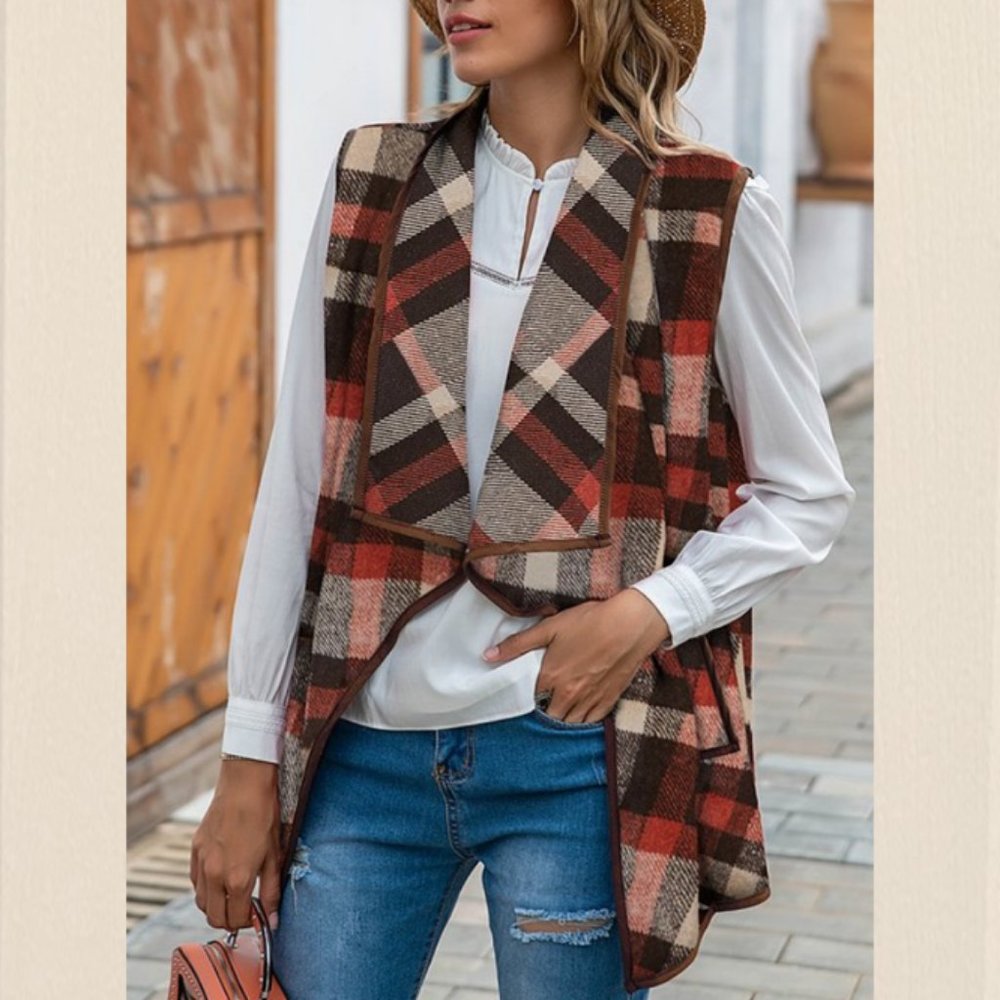 Rustic-Color Plaid Pocket Vest